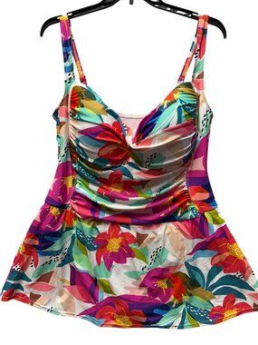 Liz Claiborne Size 22W Swim Dress With Ruched Bust & Adjustable Straps Floral